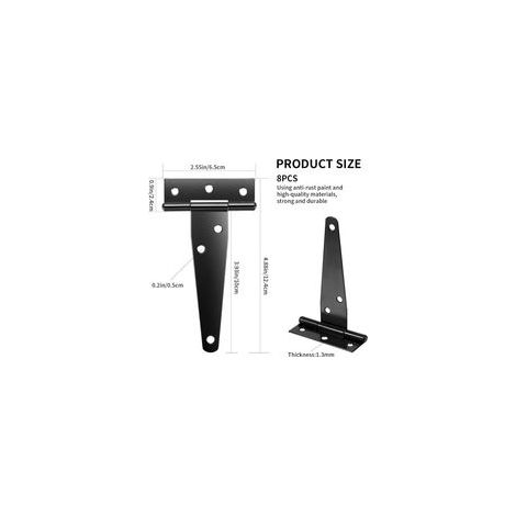 Charnière en T pour porte lourde – Métal galvanisé – Dimensions 122mm – Épaisseur 1,2mm – Lot de 8 charnières – Angle de rotation 270° (1/4)