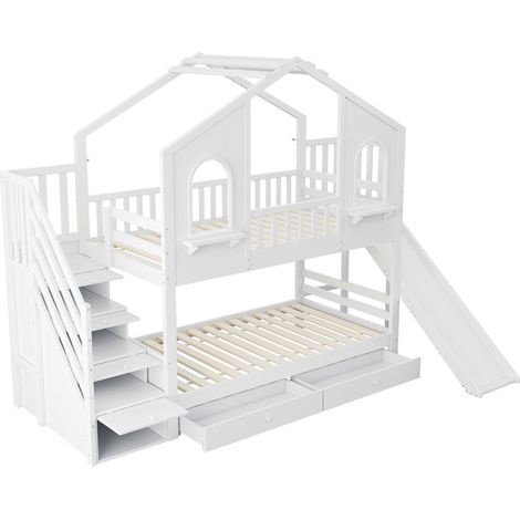Lit superposé enfant 90 x 200 cm avec toboggan, escalier de rangement et 2 tiroirs, blanc, MODENUIT (1/5)
