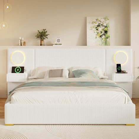 Lit coffre rembourré 180x200cm - led + usb + tiroirs de chevet - velours - beige (1/5)