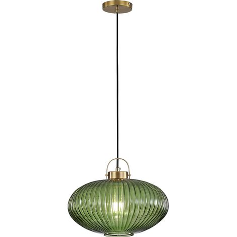 Luminaires suspension, douille de lampe dorée avec abat-jour en verre rayé, lustres, plafonnier pour cuisine, salon, chambre à coucher (Vert, L) (1/5)
