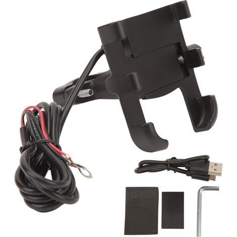 Support téléphone moto 2 en 1 chargeur, fixation rétroviseur ou guidon noir (1/5)