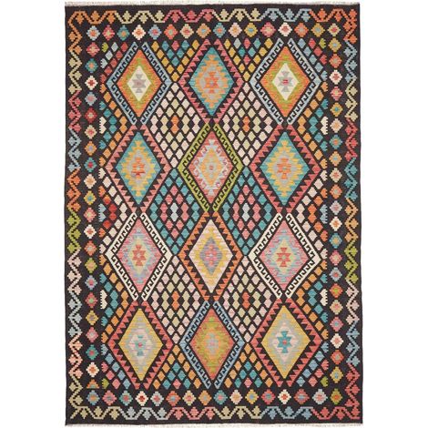 Tapis kilim 210 x 296 cm, motif ethnique, multicolore, noir et orange, en laine naturelle, tissé artisanal (1/5)