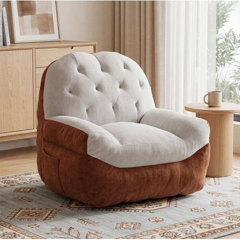Fauteuil compact en tissu texturé crème et marron, dossier arrondi et assise enveloppante, siège d’appoint confortable pour chambre, coin lecture ou petit espace – CHICFURN (1/5)