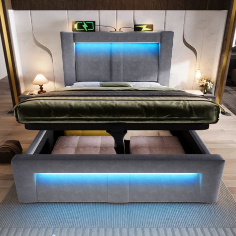 Einzelbett  mit Stauraum, hydraulisches Bett, LED-Beleuchtung mit App-Steuerung, USB- & Type-C-Ladeanschlüsse, Samt, Kopfteil mit gebogenem Design,ohne Matratze