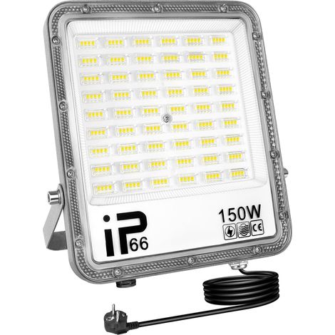 Projecteur d'extérieur 150W,Sécurité projecteur 15000 lumens avec prise 230V, lampe de travail extérieure, 6000K éclairage extérieur blanc pour cour patio parking jardin,étanchéité IP66