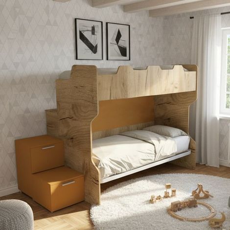 Letto a castello salvaspazio con scala a cassettoni e camminatoio - Quercia e zolfo