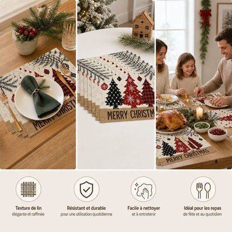 Set de 4 Dessous de Table Noel 45 x 30 cm Polyester Lin - Dessous de Table Pere Noel Flocons (1/4)