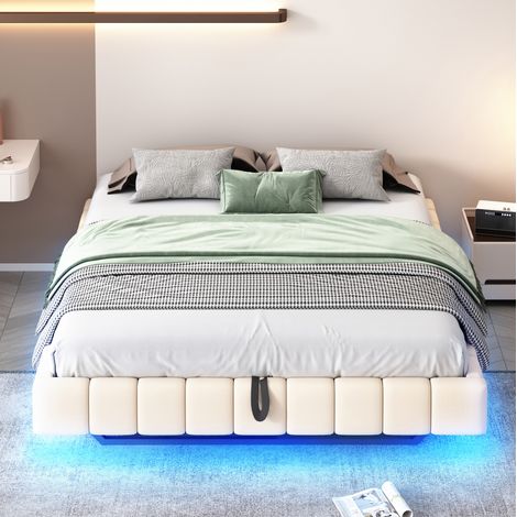 Lit capitonné 160x200 cm beige effet flottant, structure métal, LED, coffre relevable, sans tête de lit (1/5)