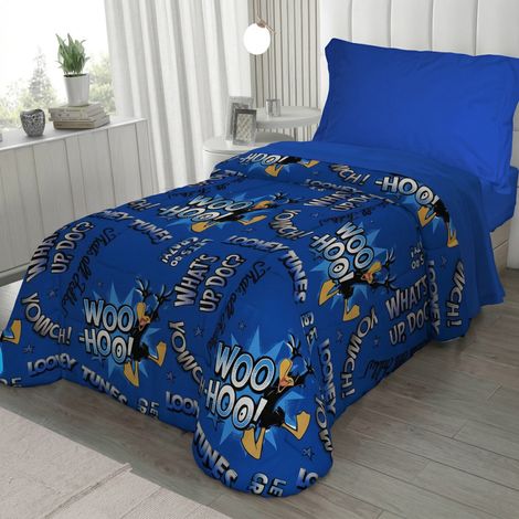 Couvre-lit simple pour enfants 170x250 Daffy Duck Blue – Courtepointe légère 80 g/m² en microfibre, fabriquée en Italie (1/5)