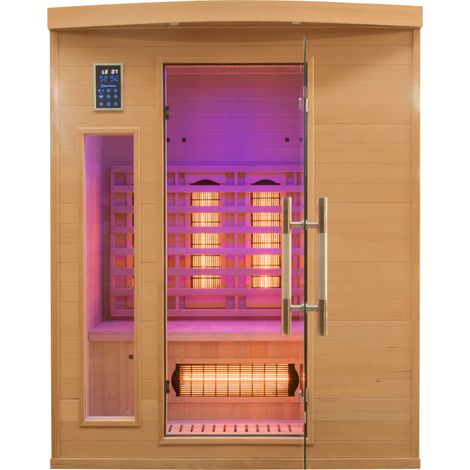 Sauna infrarouge Apollon 3 places – Épicéa canadien – Émetteurs Quartz – Panneau digital – Chromothérapie LED – Ioniseur – France Sauna (1/5)