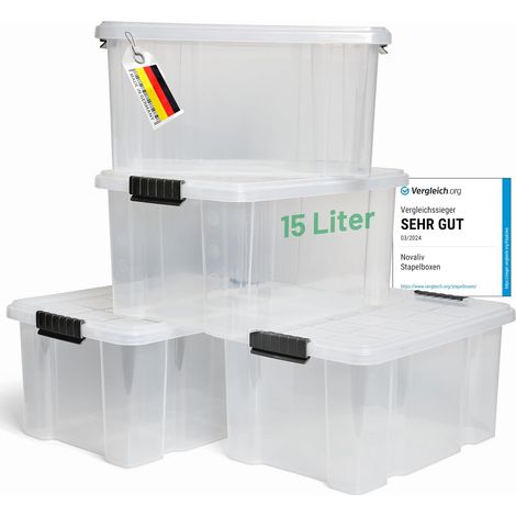 Novaliv 4x boîtes de rangement avec couvercle 15L boîtes de rangement empilables emboîtables transparentes avec fermeture à clip boîte en plastique