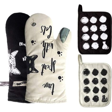 Bardusch-Gants cuisine coton + 2 maniques, résistants chaleur, thème chats, ensemble 4 pièces, pâtisserie/cuisine (1/5)