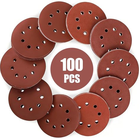 100PCS Disque Abrasif 125mm 5 Pouces 8 Trous Papier Abrasif Velours 10 Grains 40 60 80 120 180 240 320 400 600 800 10 Feuilles Par Grain pour Ponceuse Excentrique Ponçage et Polissage (1/5)