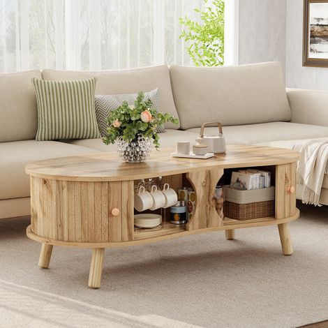 Couchtisch aus MDF in Natur 108 cm, organische Form mit 2 Schiebetüren und Massivholzbeinen