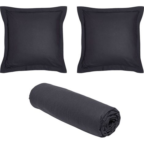 1 drap housse 180x200 Coton Bio + 2 taies carrées Noir Fusain (1/5)