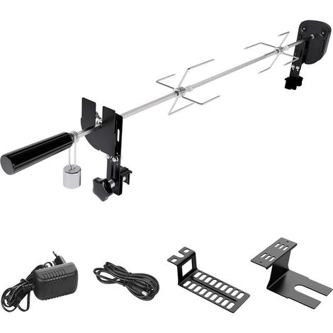 Tourne Broche Electronique avec 2 Pince à Viande, Moteur, Alimenté par USB et Adaptateur, Kit de Rôtisserie pour Grils à Gaz, Chariots de Barbecue, Longueur Ajustable 69-137cm (1/5)