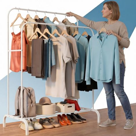Portant a vetement en acier – jusqu’à 35 kg – Penderie avec double barre et étagère porte-chaussures – Pieds antidérapants – Embouts anti-chute pour cintres – Montage rapide (1/5)