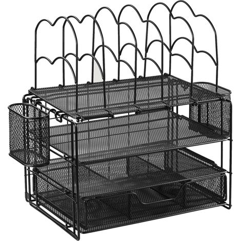 Organisateur de bureau MF系列 Structure métallique robuste Double plateau + 5 compartiments verticals + tiroir coulissant Noir ou doré 325x230x440mm Stockage optimisé pour stylos, classeurs et four (1/5)