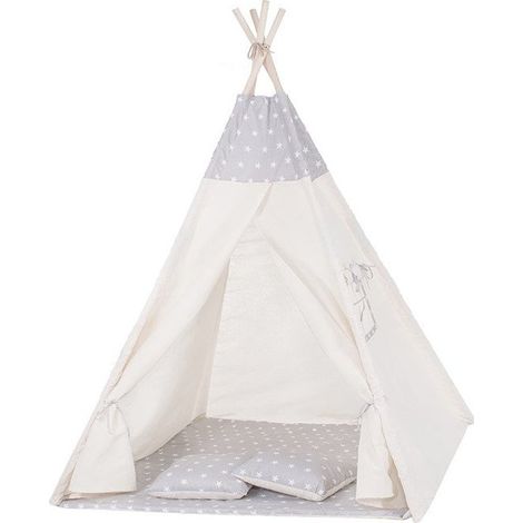 Tipi Zelt Wigwam beige mit grau 100% Baumwolle H160xB120xT100 cm Sternmotiv inklusive 2 Kissen