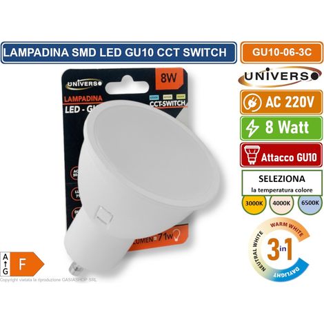 UNIVERSO GU10-06-3C LAMPADINA FARETTO LED 8W 710 LUMEN ATTACCO GU10 CON SWITCH CCT PER SELEZIONE LUCE 3000K/4000K/6500K (1/5)