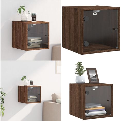 Table de chevet avec porte en verre chêne marron 35x37x35 cm - Table De Chevet Murale - Table De Nuit - Meubles De Chambre - Rangement Mural - Étagère Murale - Home & Living (1/5)