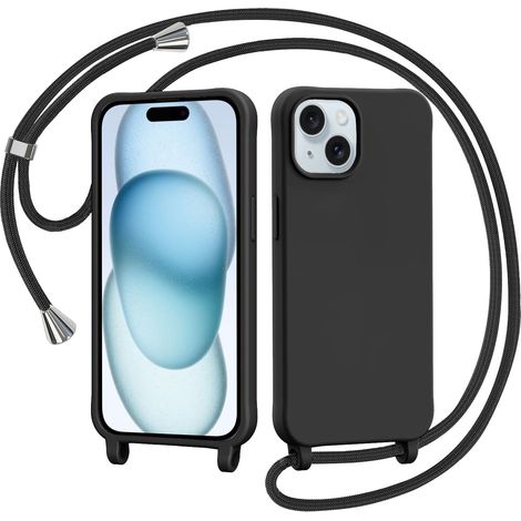 Coque pour iPhone 15 avec Cordon, Collier Étui Silicone Liquide avec Tour de Cou Lanière en Corde Souple TPU Antichoc Housse - Noir