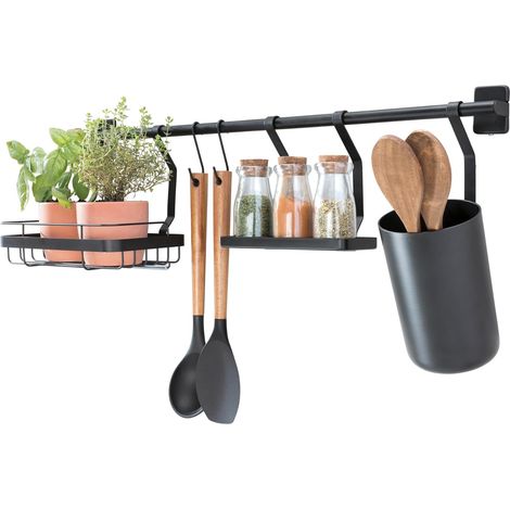 Barre de cuisine (63,8 x 14,5 x 23,8 cm), porte ustensiles de cuisine avec 2 crochets, support pour plantes & étagère à épices, barre de crédence en métal, noir mat