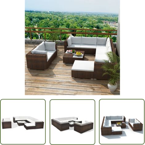 The Living Store Salon de jardin 10 pcs avec coussins Résine tressée Marron - Salon De Jardin - Mobilier De Jardin - Salon Extérieur - Set De Jardin - Canapé D'angle (1/5)