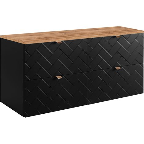 Furnidea - Meuble sous vasque MADIS NOIR 120 cm avec le plan CHÊNE - 4 tiroirs, façades motif chevron, design moderne (1/5)