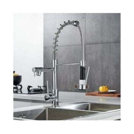 360° schwenkbare Küchenarmatur, verchromte Messing-Küchenarmatur, Zweistrahl-Küchenmischer mit silbernem, flexiblem Brausekopf