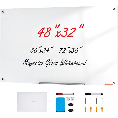 VEVOR Magnetisches Glas-Whiteboard, Wandtafel Trocken Abwischbare Tafel 120 x 80 cm, Wandmontiertes Weißes Glasboard ohne Rahmen, mit Stiftablage, einem Radiergummi& 2 Stiften, Magnettafel Weiß