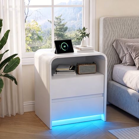 JOOKGBD-Lot de 2 tables chevet station charge 2 prises USB-C, 2 tiroirs rangement plateau étanche, LED RGB musique APP télécommande, meuble blanc sans poignée bord arrondi chambre salon (1/5)