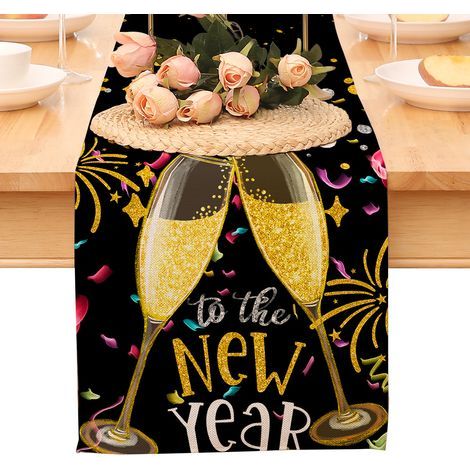 Chemin de table « Bonne année ». nappe noire et or à pois et étoiles. décoration pour la maison et la cuisine. ambiance champêtre. linge de table en toile de jute pour les fêtes d'hiver 2026 (1/5)