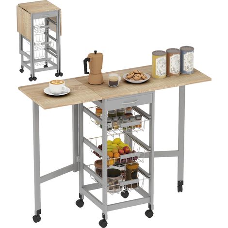 HOMCOM carrito de cocina plegable, carrito auxiliar con ruedas, verdulero con cajón y 3 cesta de metal, 97,2x37x77,5 cm, gris y roble