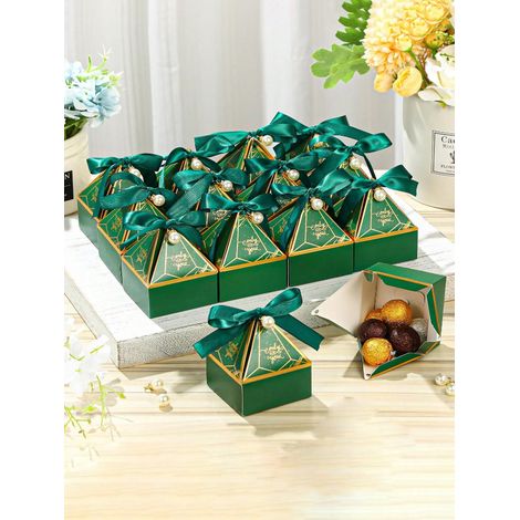 Pack de 50 boîtes cadeaux en papier vert avec ruban perlé, boîte de bonbons pour fêtes, anniversaires, mariages et cadeaux de vacances. (1/5)