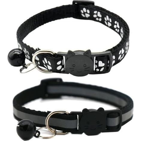Lot de 2 colliers pour chat à libération rapide réfléchissants pour chaton avec clochette (Noir) (1/2)