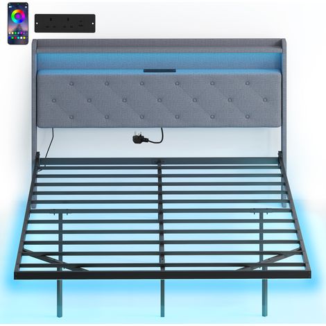 HOMCOM Floating Bed Frame with RGB Lights, Upholstered King Size Bed, Grey