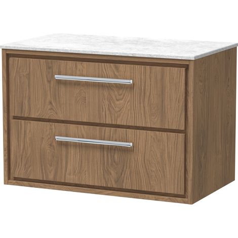Longnor 2 Drawer Wall Hung Vanity Unit with White Marble Worktop, Antique Oak, 800mm