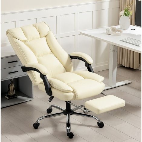 Chaise de bureau ergonomique 66x72x113-121 cm beige en simili cuir avec repose-pieds et dossier inclinable (1/3)
