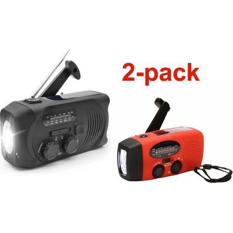 Kit radio comprenant 2 radios à manivelle (noire et rouge), des cellules solaires, une lampe torche et une batterie externe de 2000 mAh pour les situations d'urgence. (1/5)
