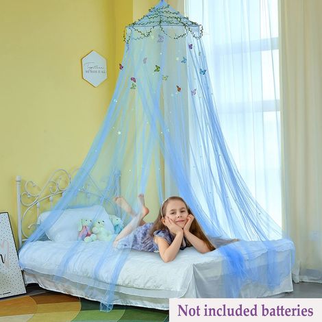 Couvre-lit 150-180 cm, moustiquaire pour lit simple avec LED, rideau de lit avec crochet et papillon, convient aux garçons et aux filles (bleu foncé) (1/5)