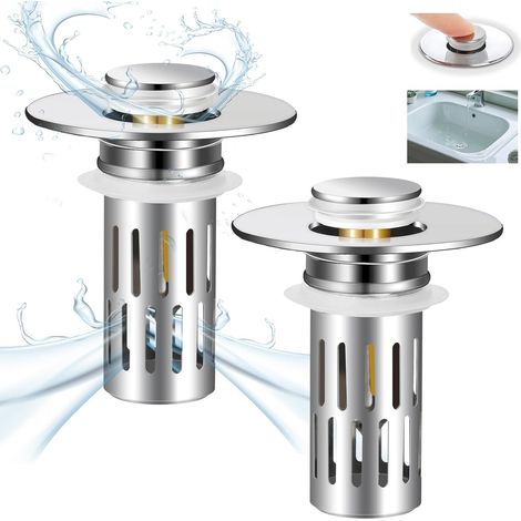 Set mit 2 Waschbeckenstöpseln für 2,7 bis 3,8 cm, universeller Klappenverschluss für Waschbecken mit Edelstahlfilter für Bodenabläufe, universeller Filter mit Haarsieb (silber)