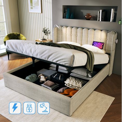 Polsterbett 140/200 cm naturfarben aus Leinen mit USB und Leselicht (1/5)