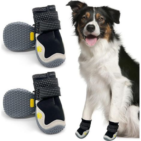 4 Stück schützende Hundeschuhe, atmungsaktive Hundeschuhe mit reflektierenden Streifen, rautenförmiger Pfotenschutz aus Gummi und Mikrofaserleder (5) (1/5)