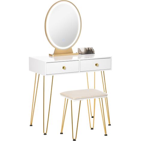 LED Light Dressing Table Set with Round Mirror,Vanity Makeup Table,2 Drawers and Cushioned Stool in White for Bedroom Elegance