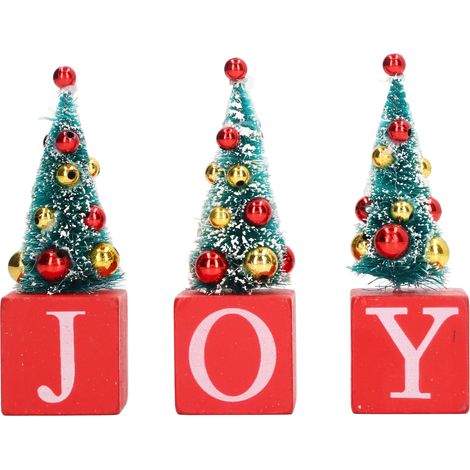Lot de 3 Sapins de Noël Déco Rustique en Bois Signe JOY Table Autel Ornement de Fête (1/5)