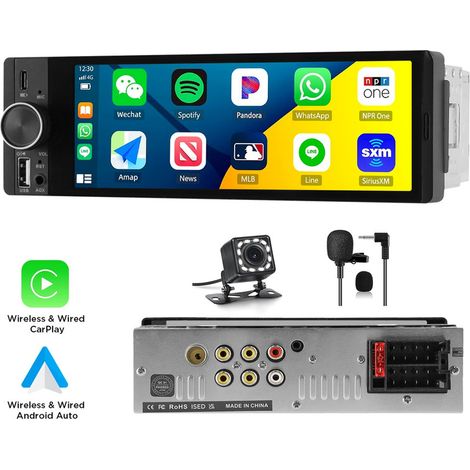 Autoradio stéréo 1 DIN 6,36 pouces, sans fil, CarPlay, écran tactile, BT, FM, USB-C - MIC 12CAM (1/5)