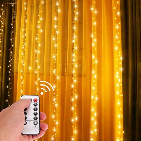 Cortina de luz LED de 3 x 3 m, cadena de luces LED de 300, impermeable para interior y exterior, cadena de luces USB para fiestas, jardines, Navidad, Halloween, decoraciones de luz (blanco cálido) (1/5)