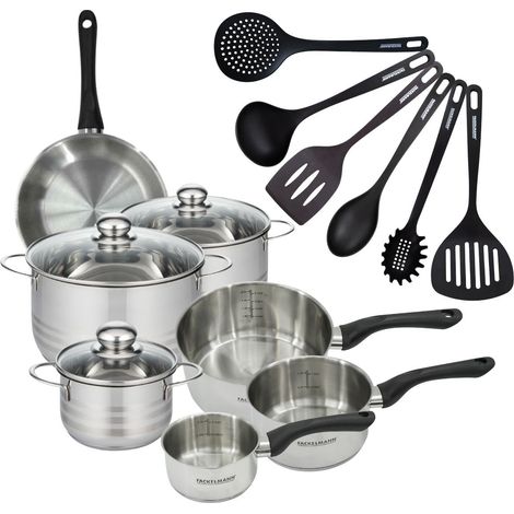 Set 1 poêle 20 cm 3 casseroles 12 16 20 cm, 3 faitouts 16, 20 et 24 cm en inox et 6 ustensiles RPET Fackelmann Geneva (1/5)