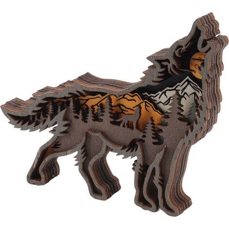 Statue de loup en bois aux détails raffinés, belle décoration, figurine de loup creuse multicouche avec guirlande lumineuse, idéale pour offrir ou décorer la maison. (1/5)